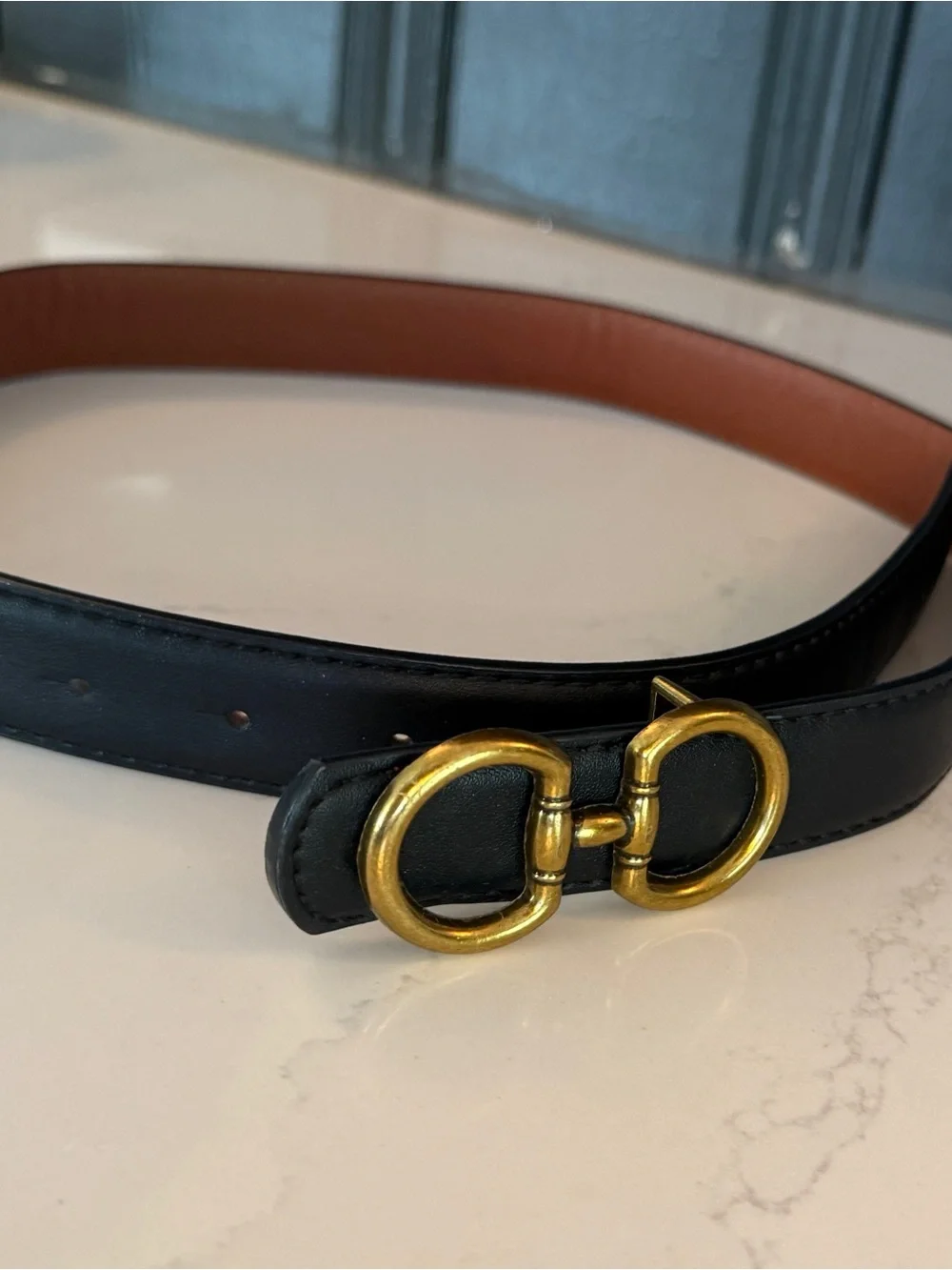 Reversible Black Cognac Belt Gold Double Ring Buckle 27 to 33